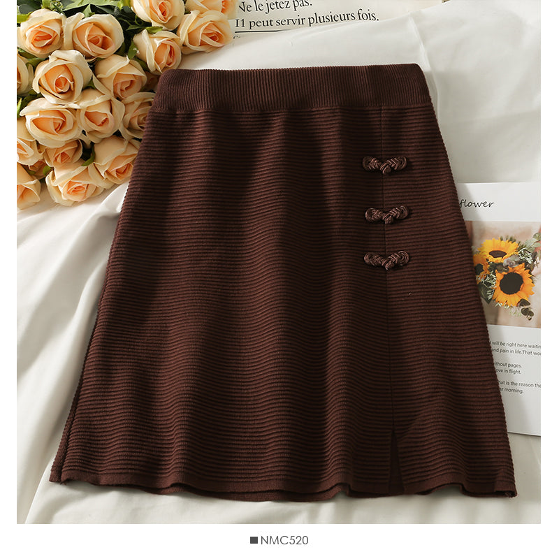 Hong Kong style retro disc buckle elastic waist thin striped A-line skirt  2644