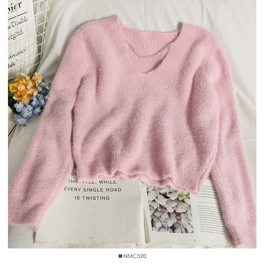 Pull femme automne chaîne diamant décorative col en V Pull 1866