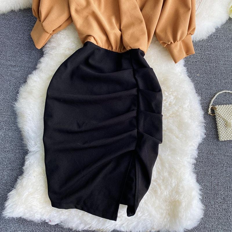 Robe à taille plissée avec design fin et blocs de couleurs 3421
