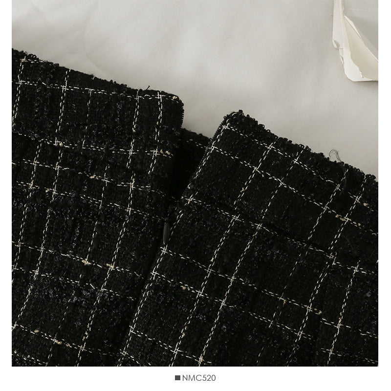 Hong Kong Style Vintage tweed Plaid high waist slim A-shaped wrap hip skirt  2622