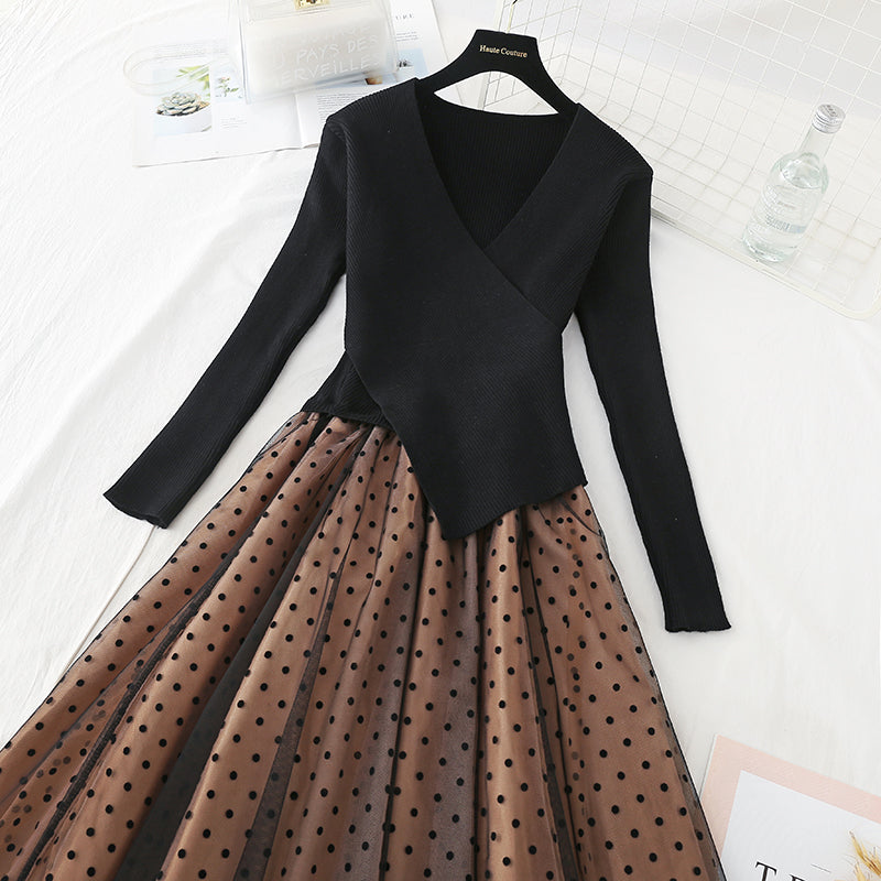 Stitched slim slim temperament gentle storm dot mesh long skirt  2210