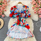 Robe fleurie à col en V de style rétro français 2923