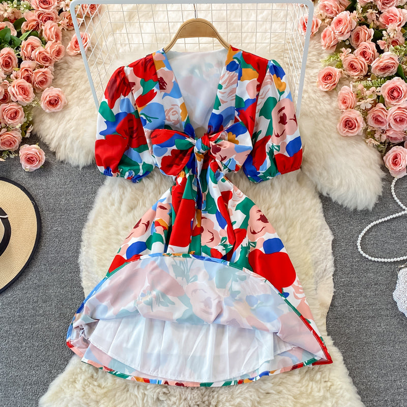 Robe fleurie à col en V de style rétro français 2923