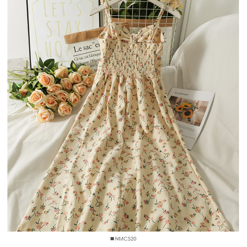 Sweet wind printed pleated high waist thin medium length dress  2707