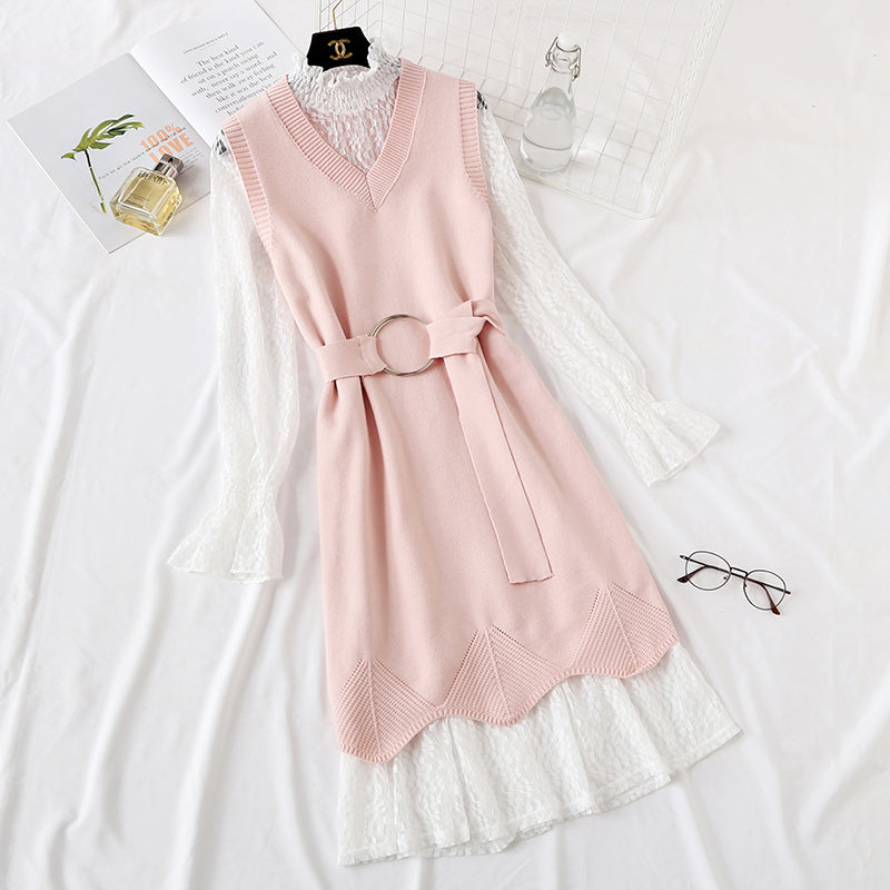 Minority LACE VEST knitted dress fashion suit two piece set female  2473