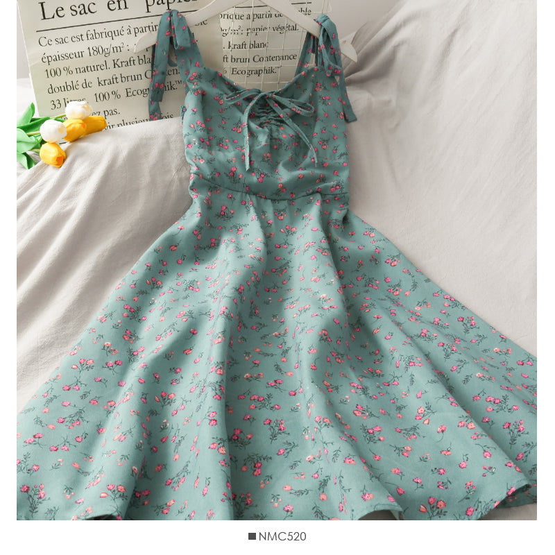 Sweet floral V-neck suspender dress drawstring pleated slim fit  2699