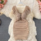 French sexy high waist thin pleated square neck wrap hip dress  2715