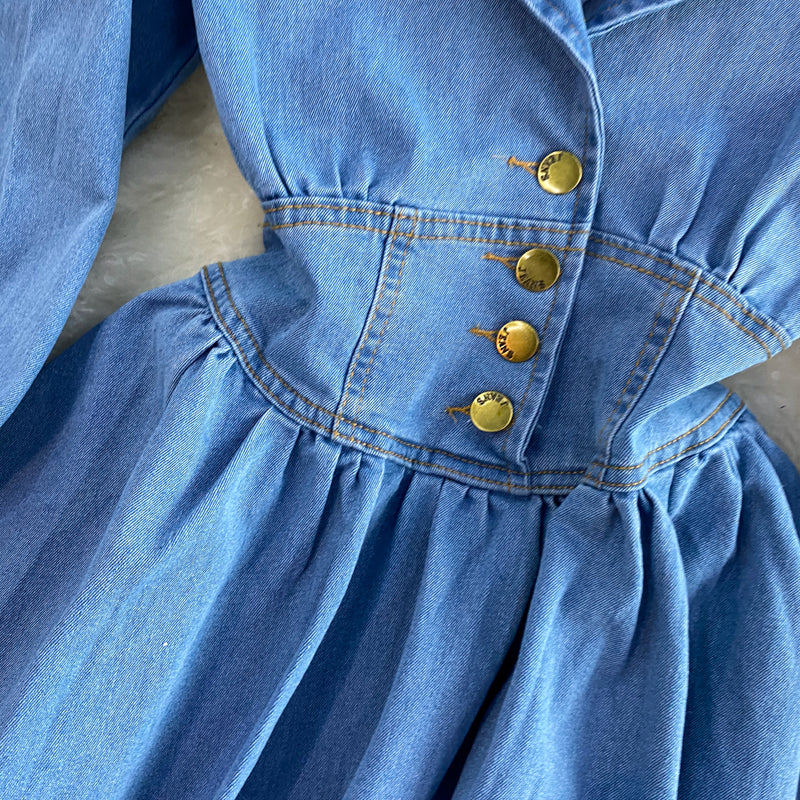 Temperament Lapel long sleeve backless denim dress  2960