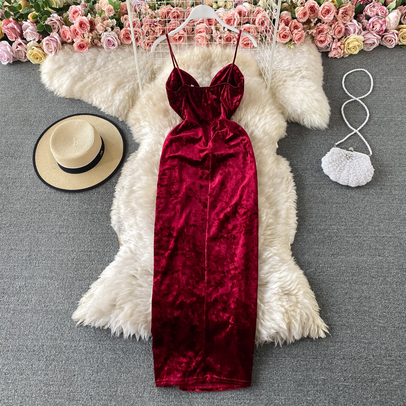 Robe fendue à bretelles en velours 3050