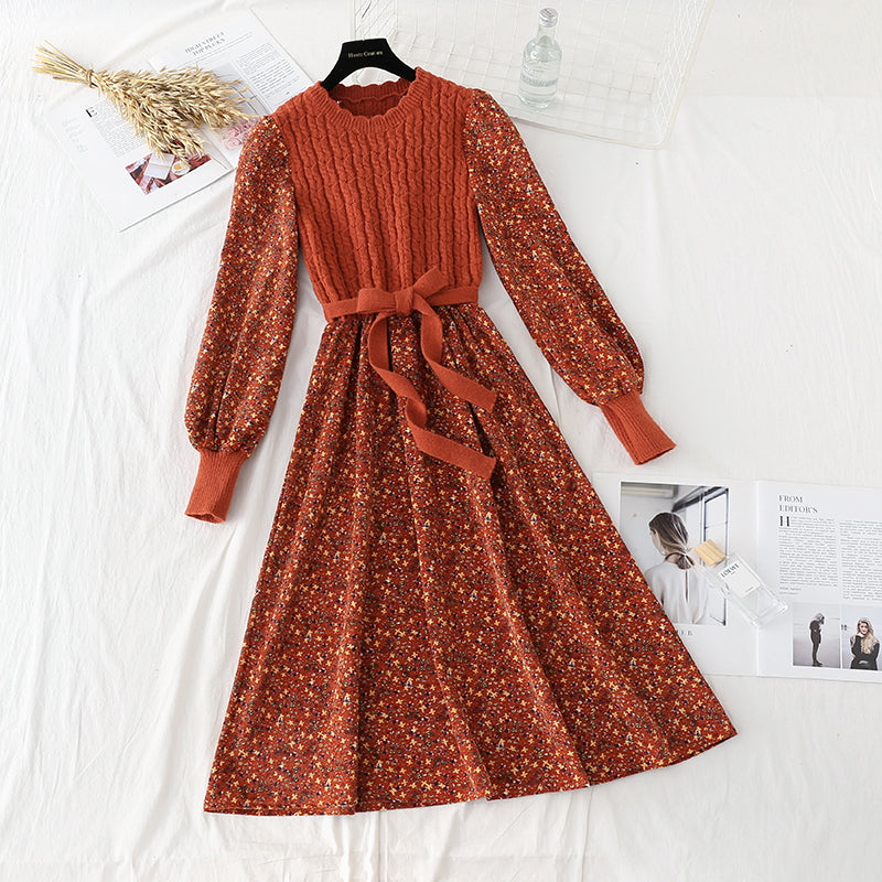 Floral dress new style stitching shows thin temperament slim fit with a bottomed sweater  2136