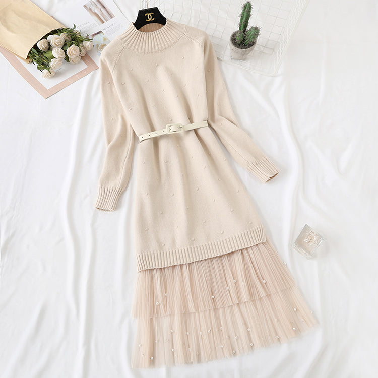 Long sweater skirt over knee net red yarn skirt two-piece suit  2142