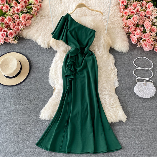 Sexy ruffled diagonal neckline backless dress  2974