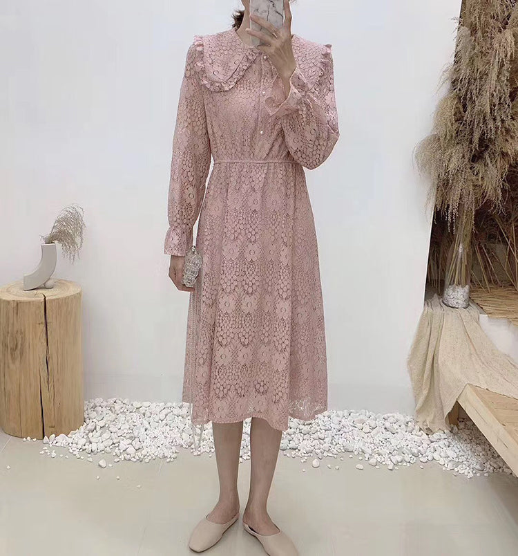 New Lapel lace long sleeve high waist slim gentle long skirt  2390