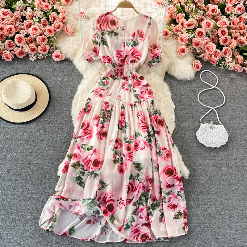 Robe élégante à imprimé rose et col en V 3082