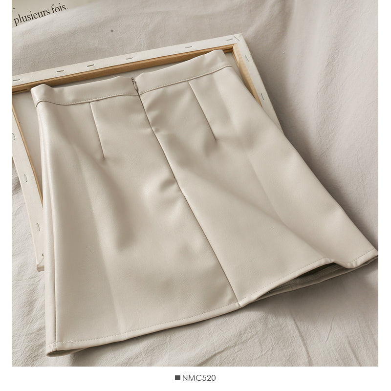 Jupe en cuir taille haute fine en forme de A, rétro et polyvalente, couleur unie 2542