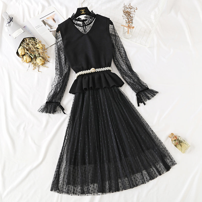 Knee Skirt vest suit two piece set super sweet  2289
