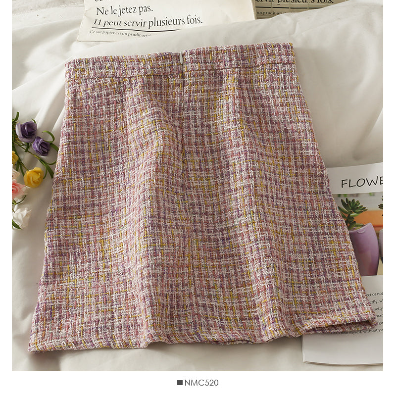 Jupe portefeuille taille haute en tweed à carreaux rétro de style Hong Kong pour femme 2539