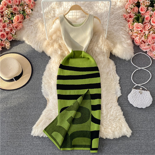 Sweet knit bag hip split dress sleeveless  2751