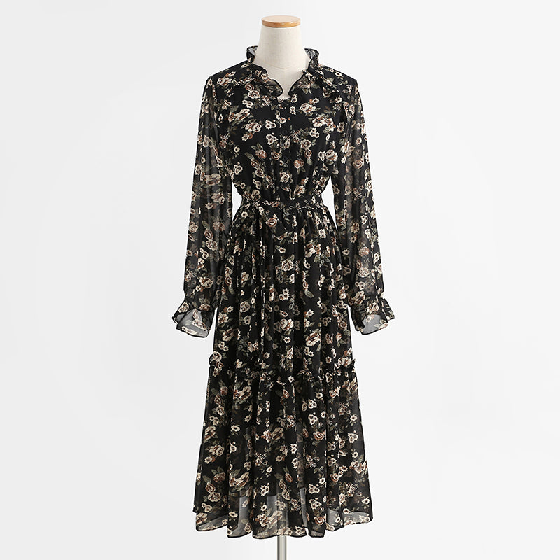 Temperament: slim waist, long sleeved chiffon dress with backing  2214