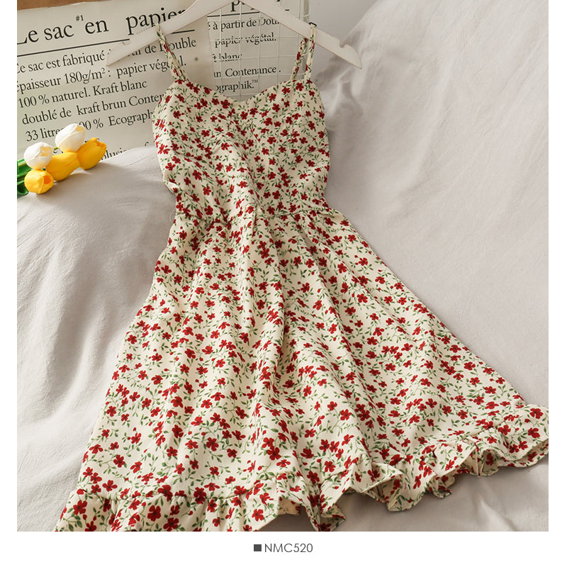 Hong Kong style retro floral high waist suspender skirt  2678