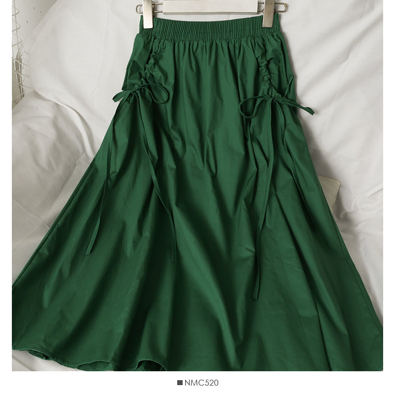 Elastic waist and thin two layers of solid color medium length A-line skirt for women  2589