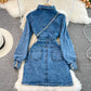 Robe en jean ajourée à manches bouffantes et revers vintage 3019