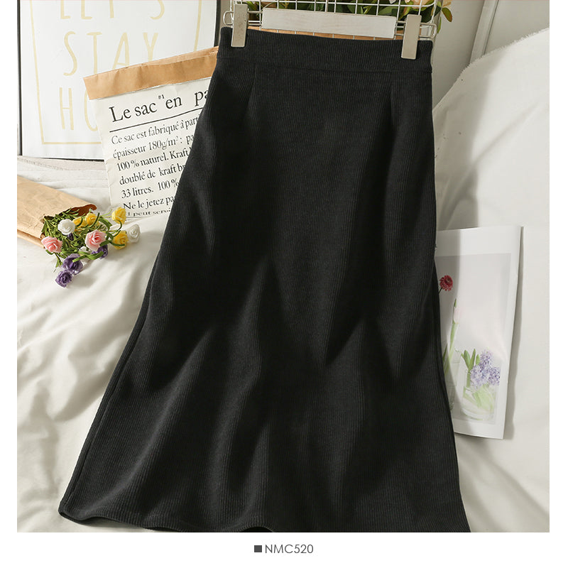 Hong Kong style retro high waist Plush thickened warm knee length skirt  2573