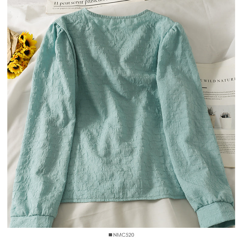 New nail bead Lapel single breasted cardigan long sleeved blouse  2101