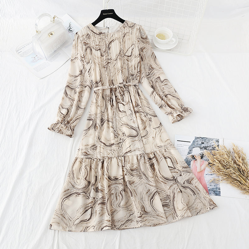 French retro interior with bottom over knee Chiffon loose pleated long skirt  2386