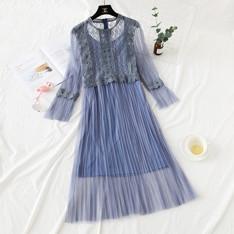 Lace stitched mesh dress women's super fairy suspender skirt two-piece set  2449