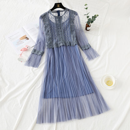 Lace stitched mesh dress women's super fairy suspender skirt two-piece set  2449