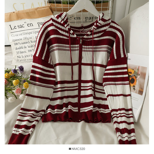 Cardigan à capuche avec cordon de serrage et fermeture éclair pour femme, pull fin à rayures coréennes, 2015