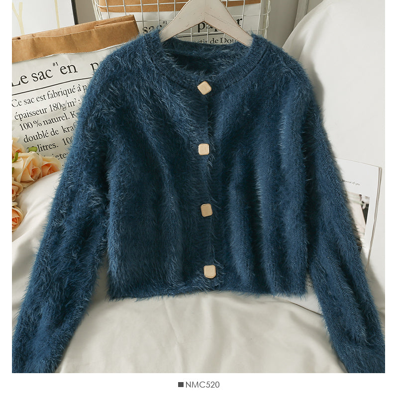 Pull col rond simple boutonnage à manches longues Pull col rond en peluche 1965