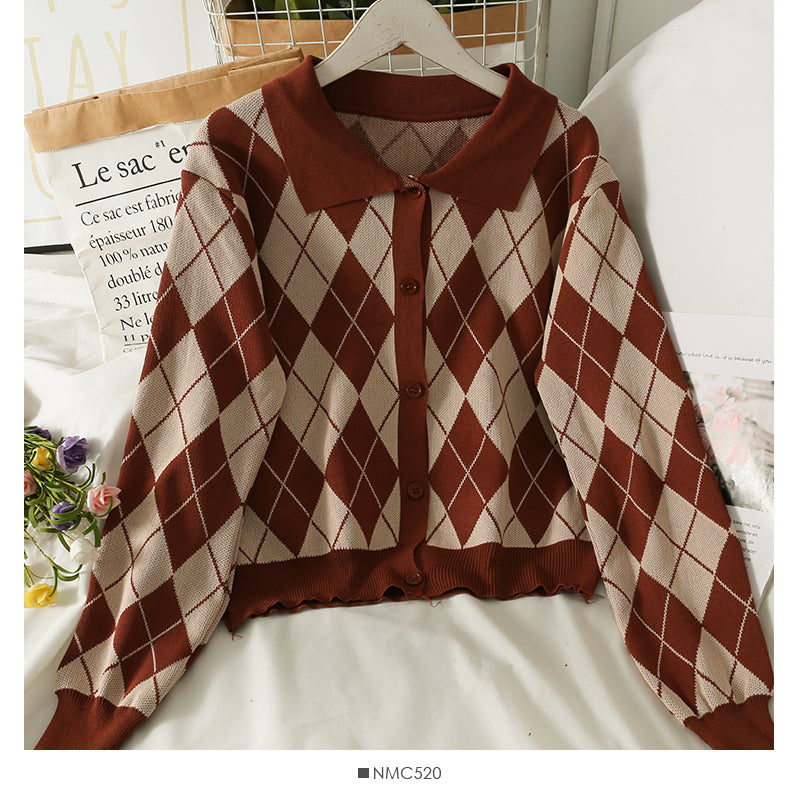 Vintage Lapel single breasted cardigan long sleeve sweater women's autumn  1819