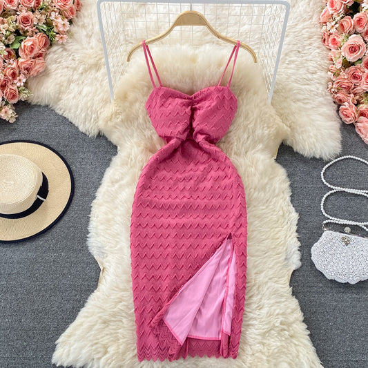 Lace dress feminine elegant split rose powder  2774