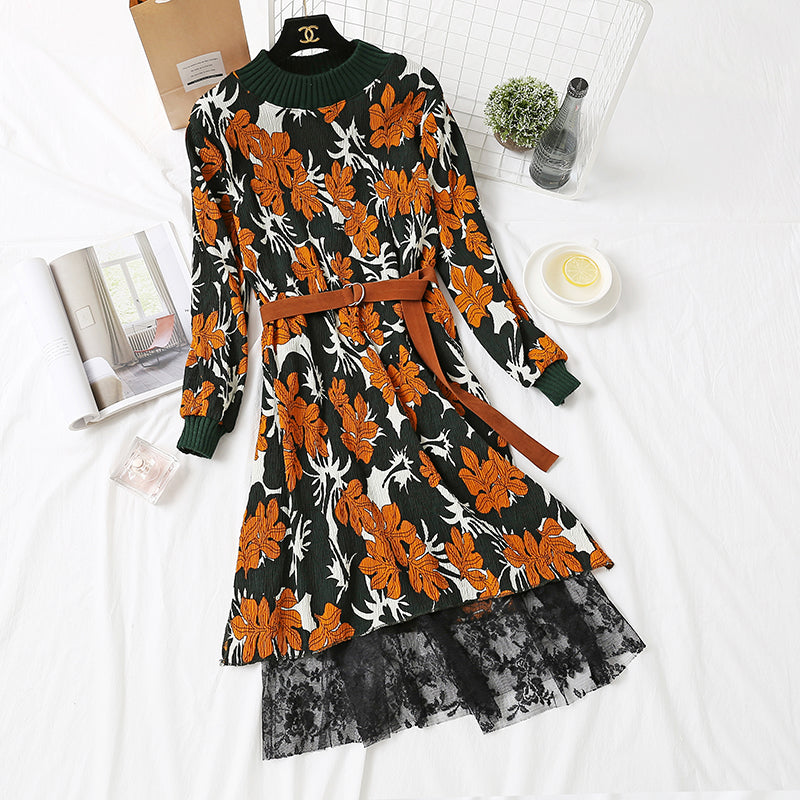 Polka Dot Plaid floral long skirt with lace bottom skirt is thin and tall  2460