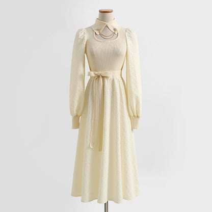 Knit stitched dress Vintage Chain Collar skinny over knee black dress  2344