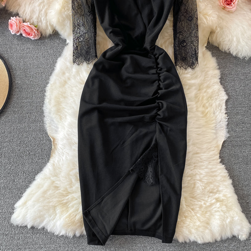 Robe noire à manches longues et coutures en maille avec taille cache-cœur 3228