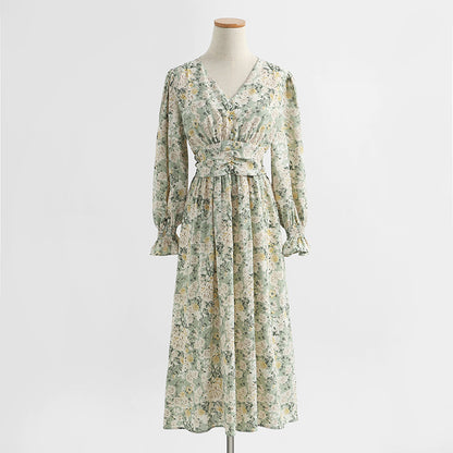 Long sleeve floral dress long fairy French Vintage Chiffon  2430