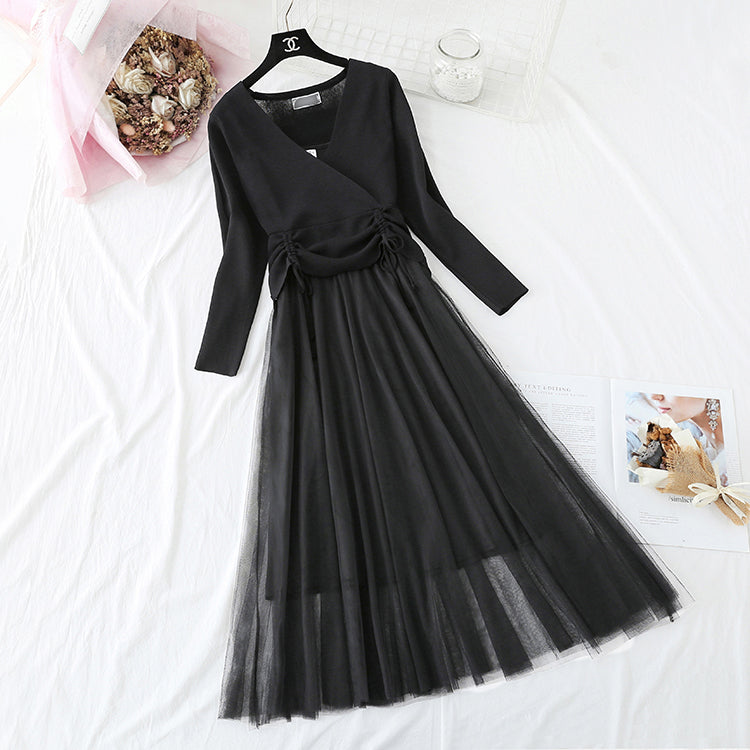Women's suit skirt fashion knitted sweater + suspender mesh dress  2174