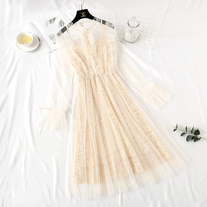 Bottom lace dress autumn and Winter Fairy mesh sling two-piece set  2462