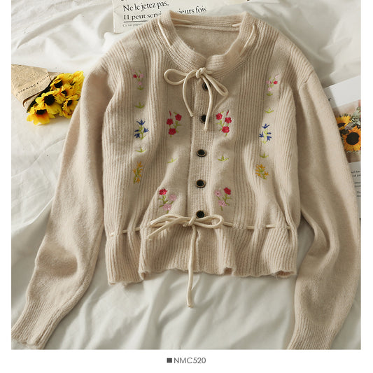 Haut cardigan simple boutonnage brodé à lacets et nœud papillon 1862