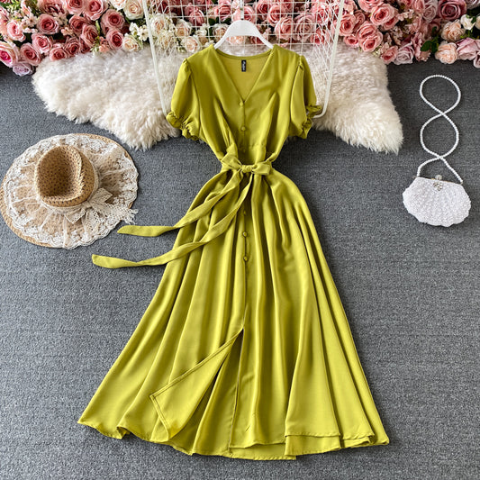 French Retro Red V-neck bubble sleeve dress  3184