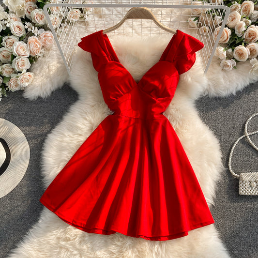 Temperament low cut open chest sexy high waist dress  2803
