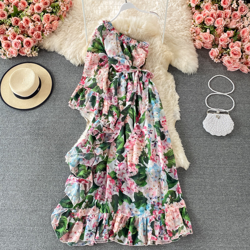 Slant neck one side off shoulder lace up Printed Dress  3195