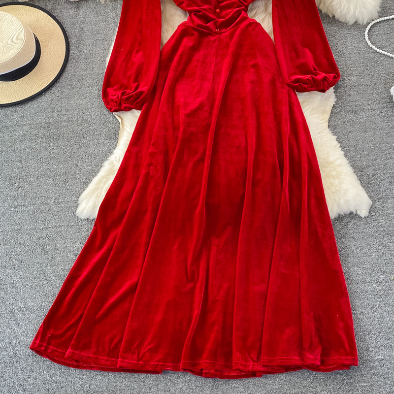 V-neck temperament high waist slim velvet dress  3089