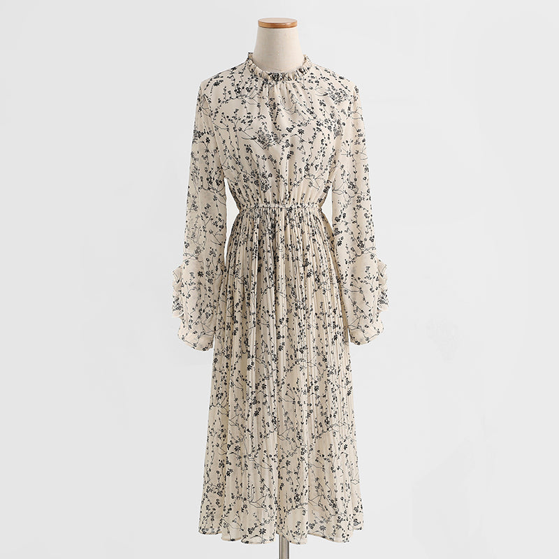 Chiffon pleated skirt, fungus floral dress, slim dress, lady dress  2432
