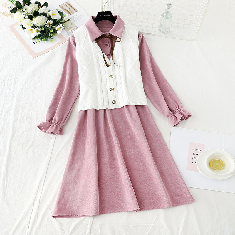 Knitted vest corduroy dress sweet college style fashion suit skirt two-piece set  2307