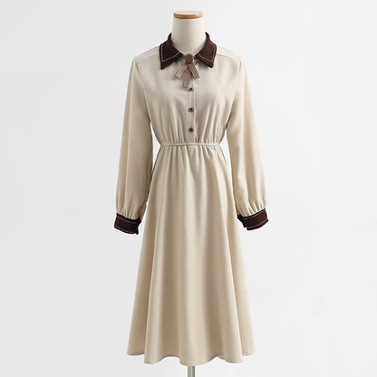 Long sleeved dress, academic style, thin temperament, knee length skirt, French long skirt, female  2159