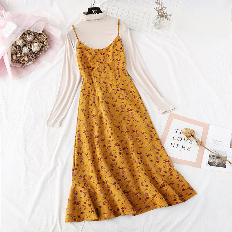 Two piece set of high necked bottom shirt + suspender floral skirt  2365